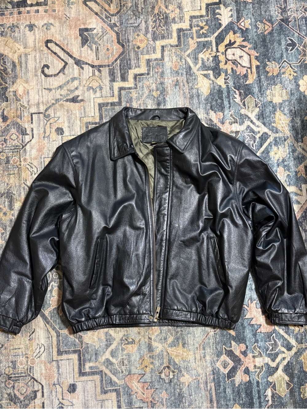 Vintage Port Authority Black Leather Bomber Jacket with Olive Lining